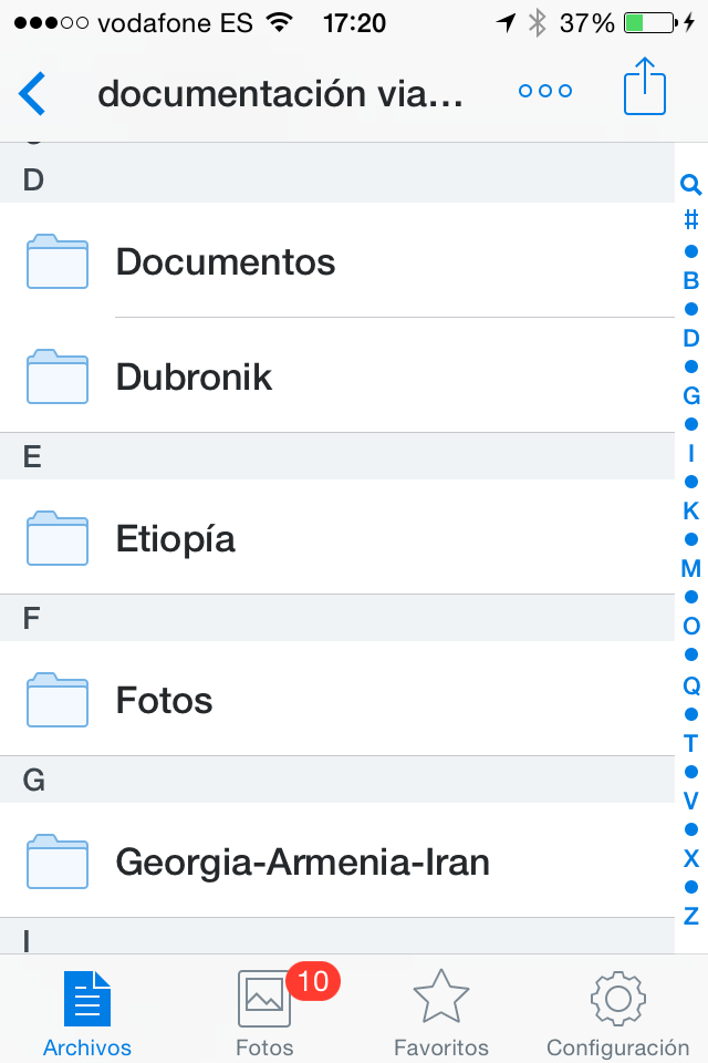 Pantalla de la subcarpeta compartida de DOCUMENTOS DE VIAJE